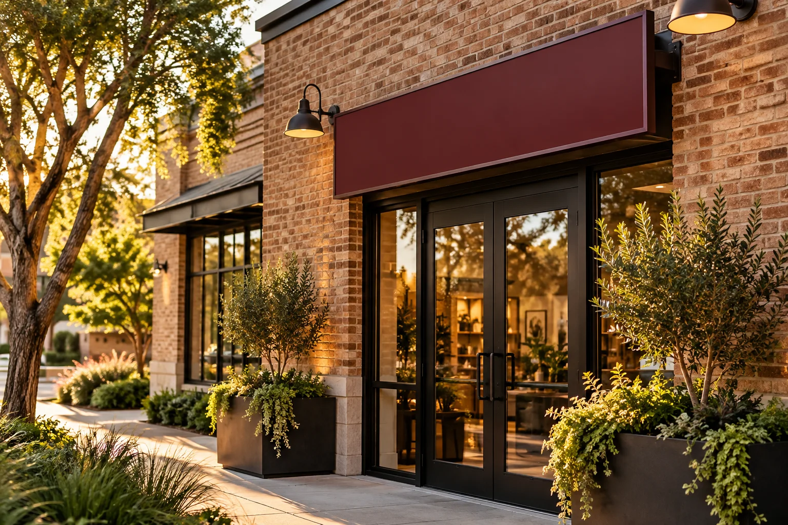 AI-created illustration of a storefront with a blank exterior sign.